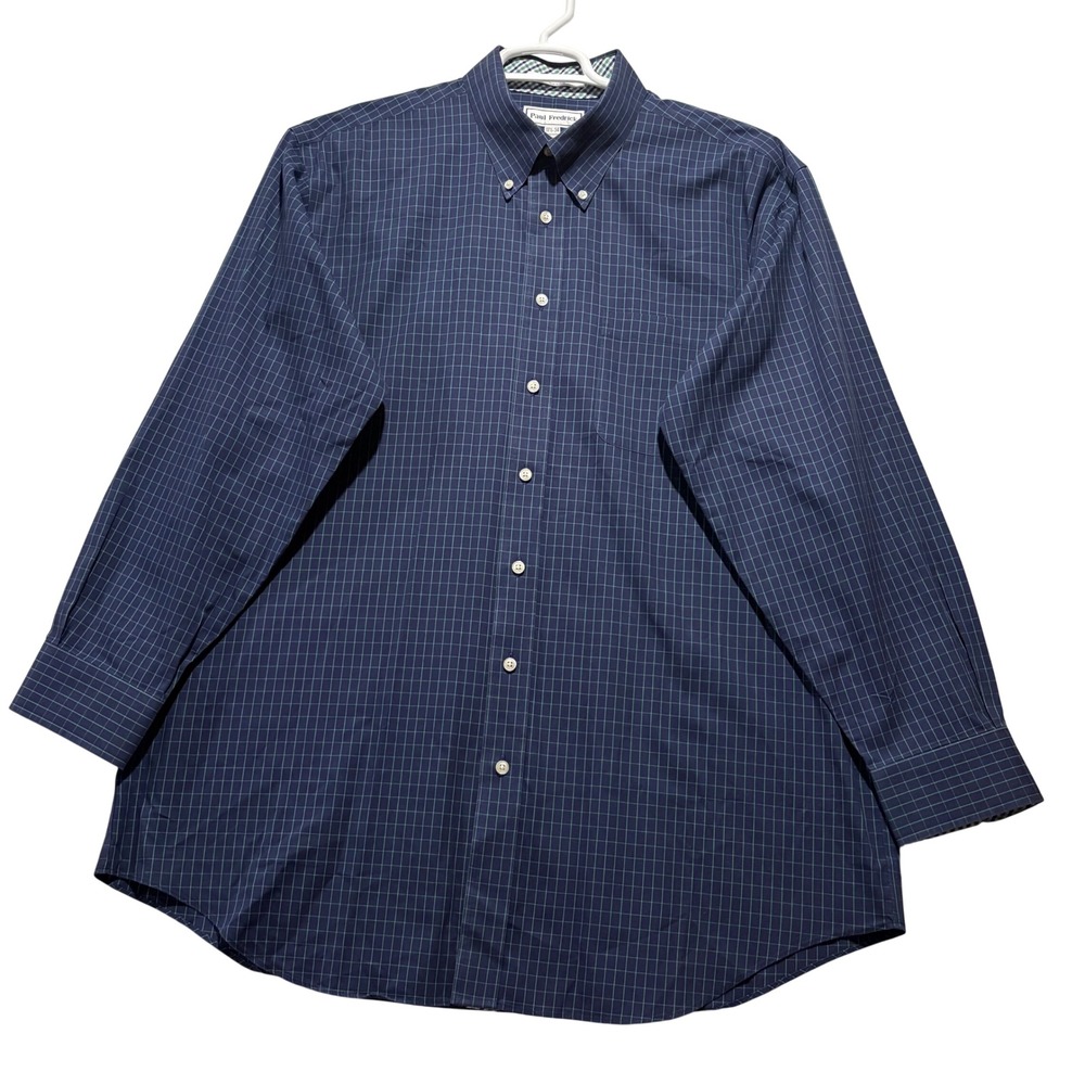 Paul Fredrick‎ Mens 17.5 34 Non-Iron Pinpoint Cotton Navy Green Windowpane Shirt - Picture 2 of 7